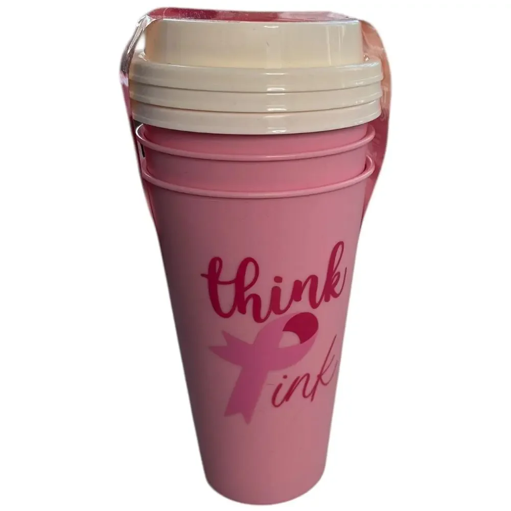 Set of 3 Reusable tumblers w/ lids breast cancer Think Pink BPA free NEW